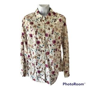 Charter Club Blouse Size 6 Cream Red Blue Long Sleeve Floral Cotton Button Up